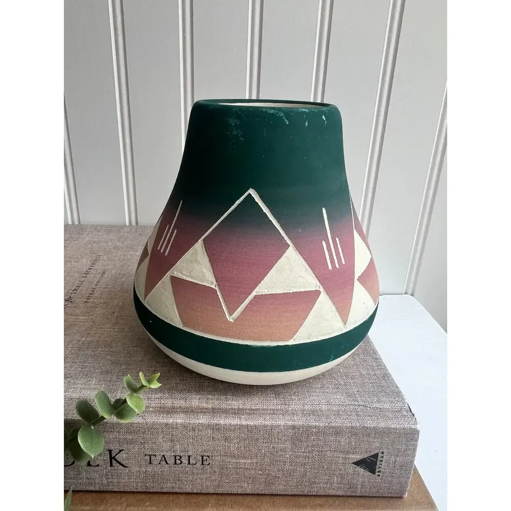 Vintage Sioux Native American Pottery Vase Signed Blue Green Pink Flare Bottom
